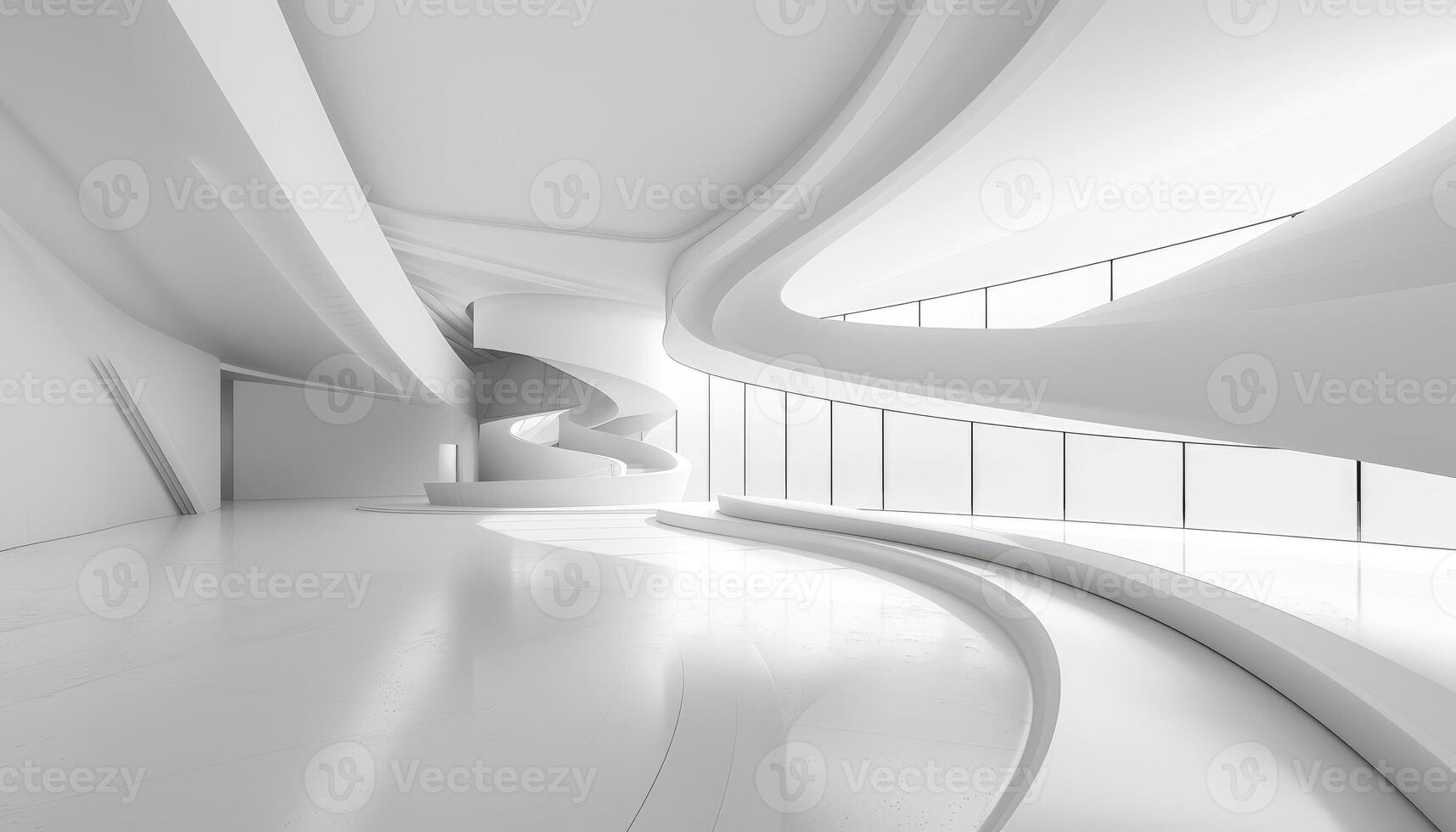 Modern White Interior with Spiral Staircase and Window View photo