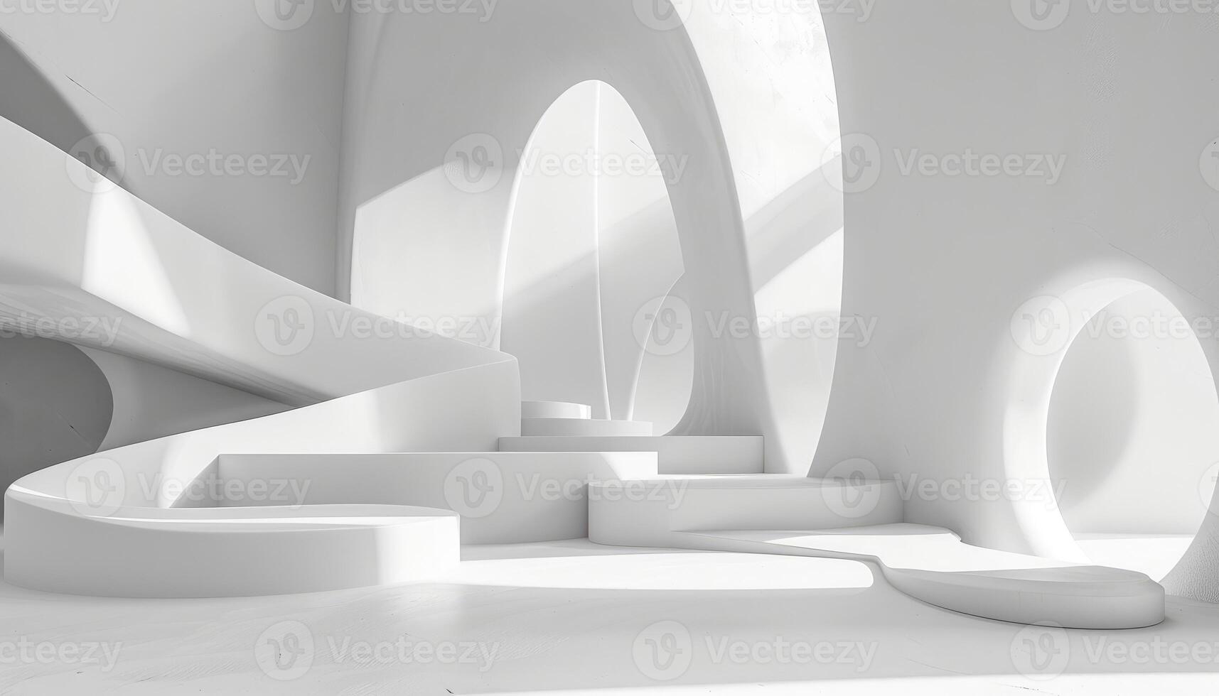 Abstract White Interior Space with Curved Walls and Platforms photo