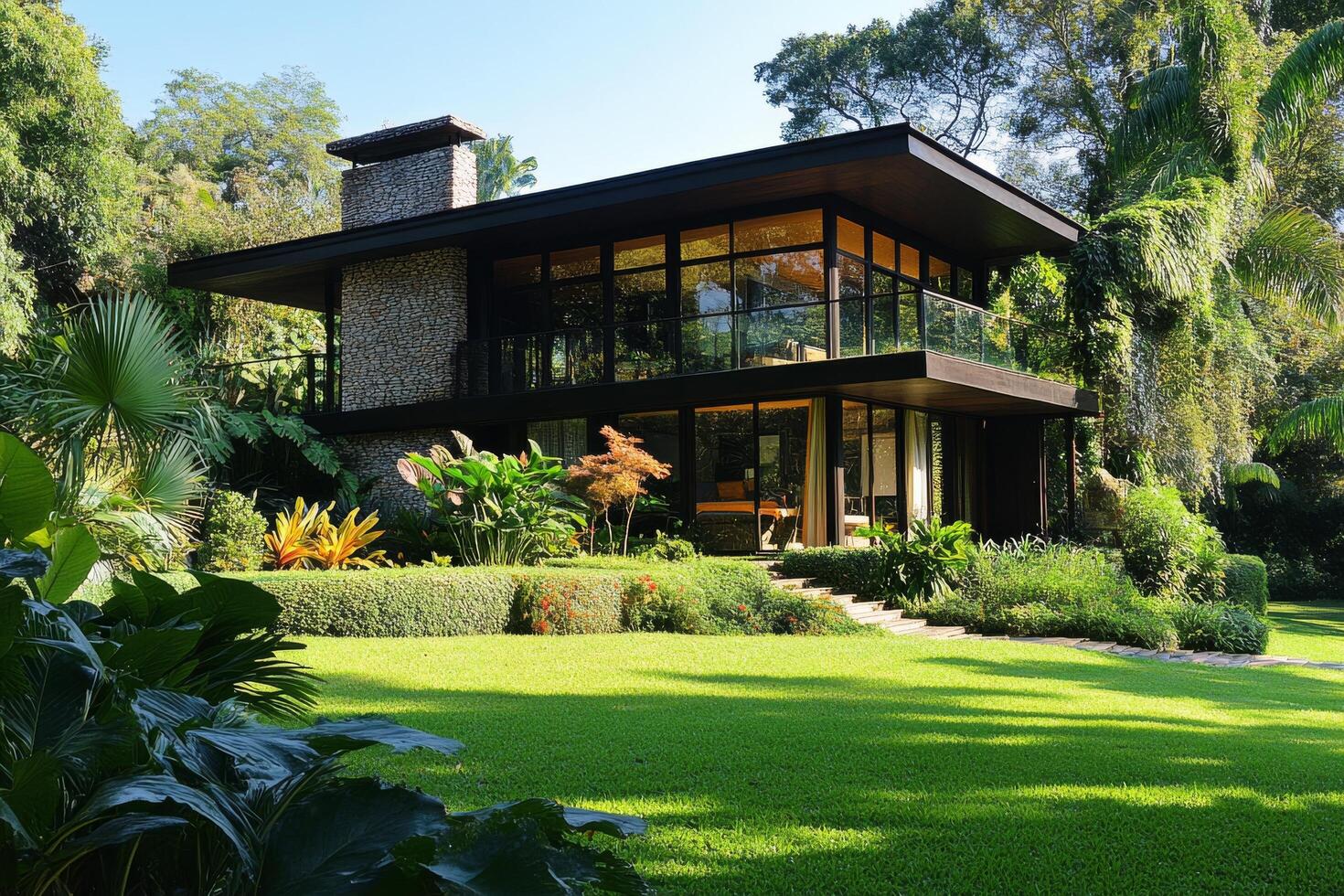 A cozy wooden house surrounded by lush greenery on a cloudy day in a tranquil setting photo