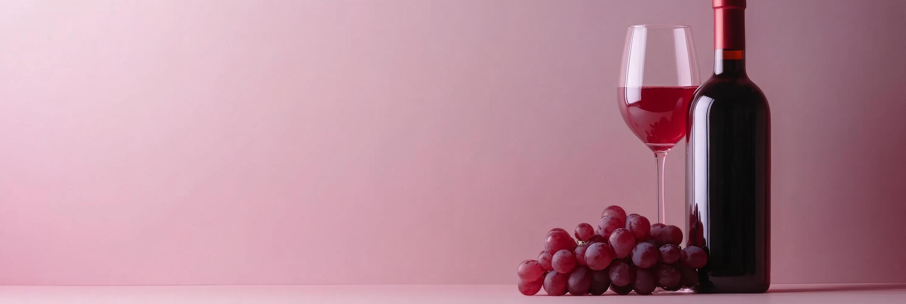 Elegant red wine bottle and glass beside fresh grapes on a soft pink background photo
