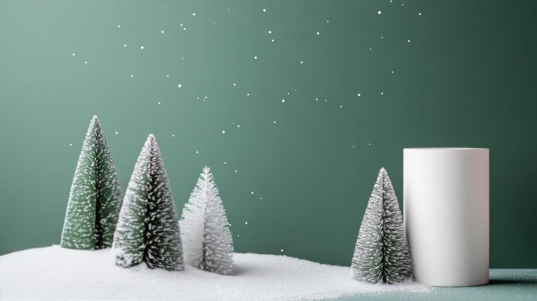 Snowy landscape with evergreen trees and a cylindrical object during winter season photo