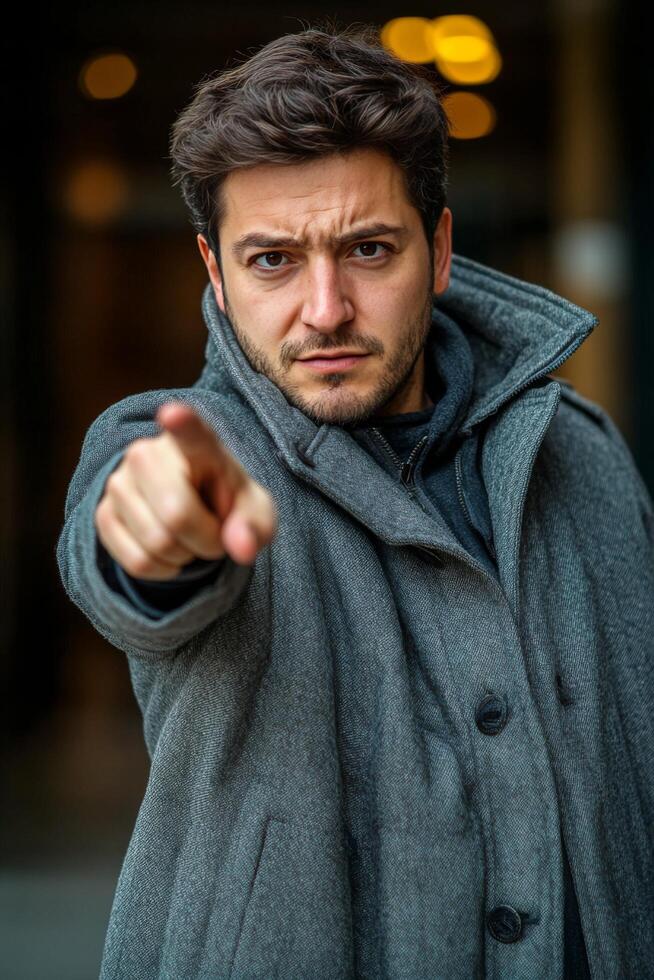 Confident man pointing directly at the camera on a bustling city street during the day photo