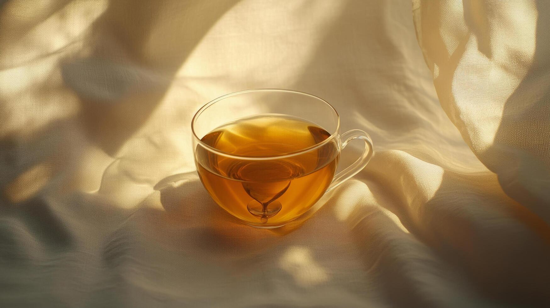 A clear glass cup of golden tea reflects sunlight on a soft tablecloth in a serene setting photo