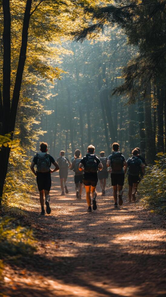 Group of hikers journeying through a tranquil forest trail during autumn in soft evening light photo