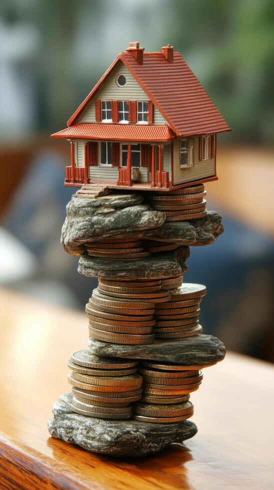 Stacked coins supporting a model house representing financial investment and real estate market photo