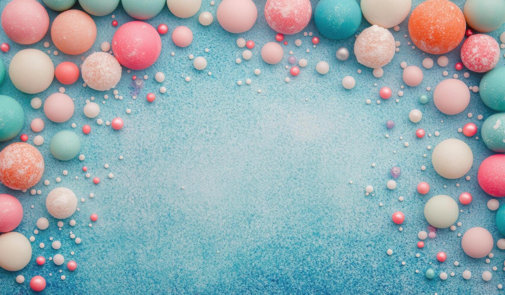 Colorful pastel round candies scattered on a blue background creating a sweet and playful atmosphere photo
