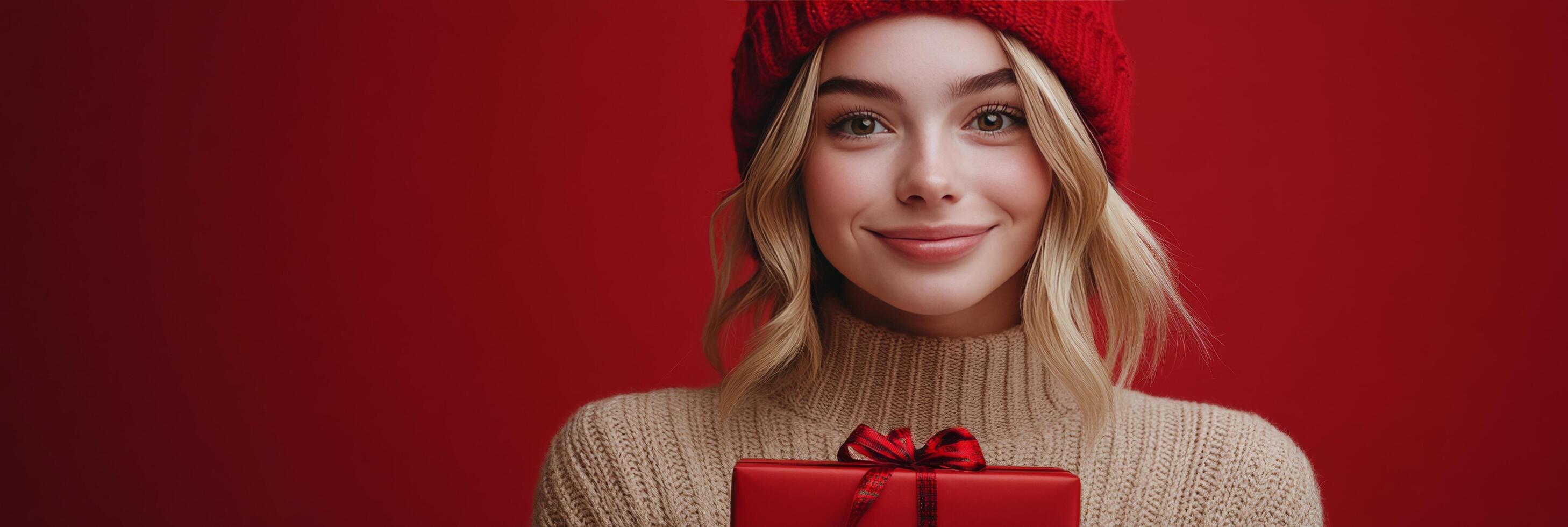 A smiling young woman in a red hat holding a holiday gift against a festive red background photo