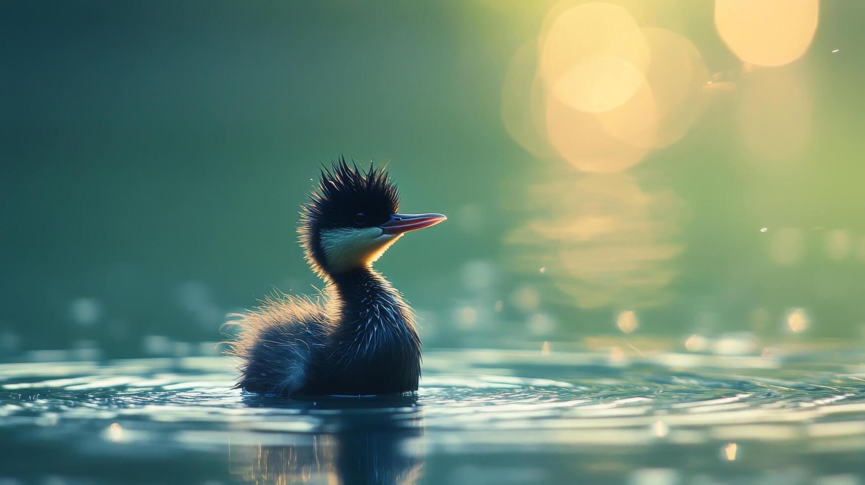 A cute duckling swimming in calm water surrounded by vibrant green foliage during daylight photo