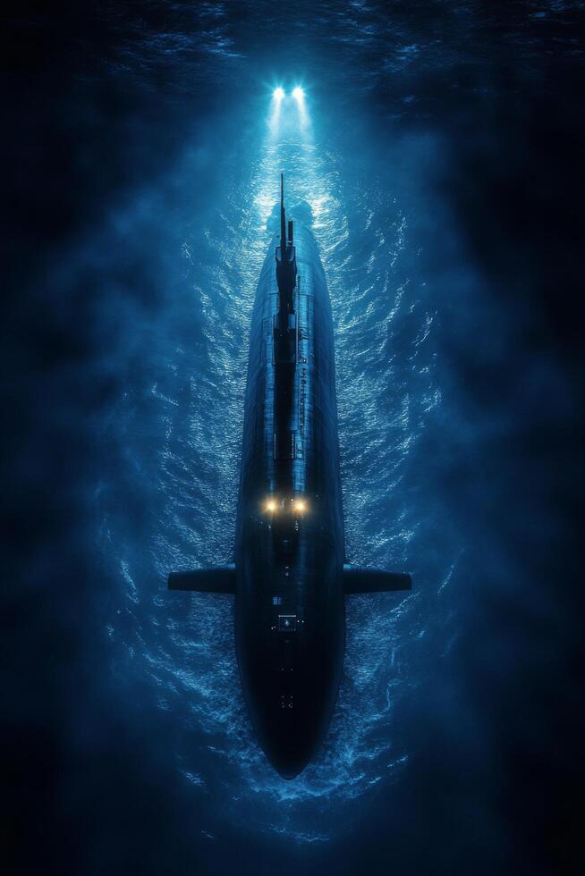 Submarine exploring the deep ocean at night with powerful headlights illuminating the water photo