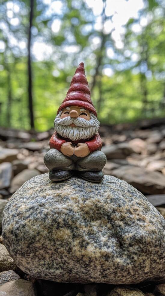 A whimsical gnome statue on a rock surrounded by colorful autumn foliage in a forest setting photo