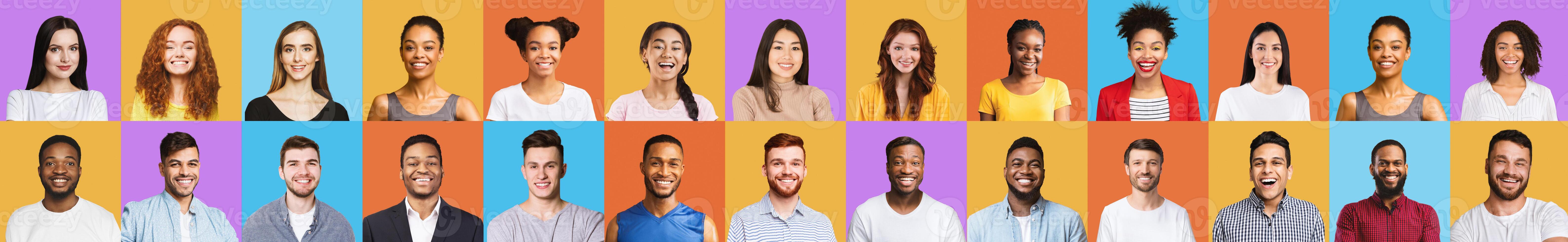 Cheerful Multiracial Millennials Portraits With Smiling Face Of Young People Posing Over Bright Colored Backgrounds. Different Happy Female And Male Faces, Headshots Collage. Panorama photo