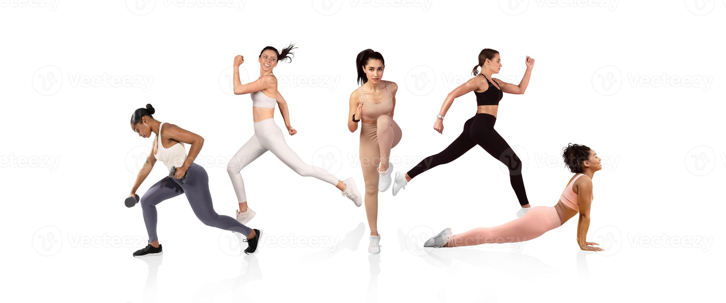 Five women are performing different workouts in a bright space, showcasing strength training, running, and bodyweight exercises to promote fitness and well-being during the day. photo