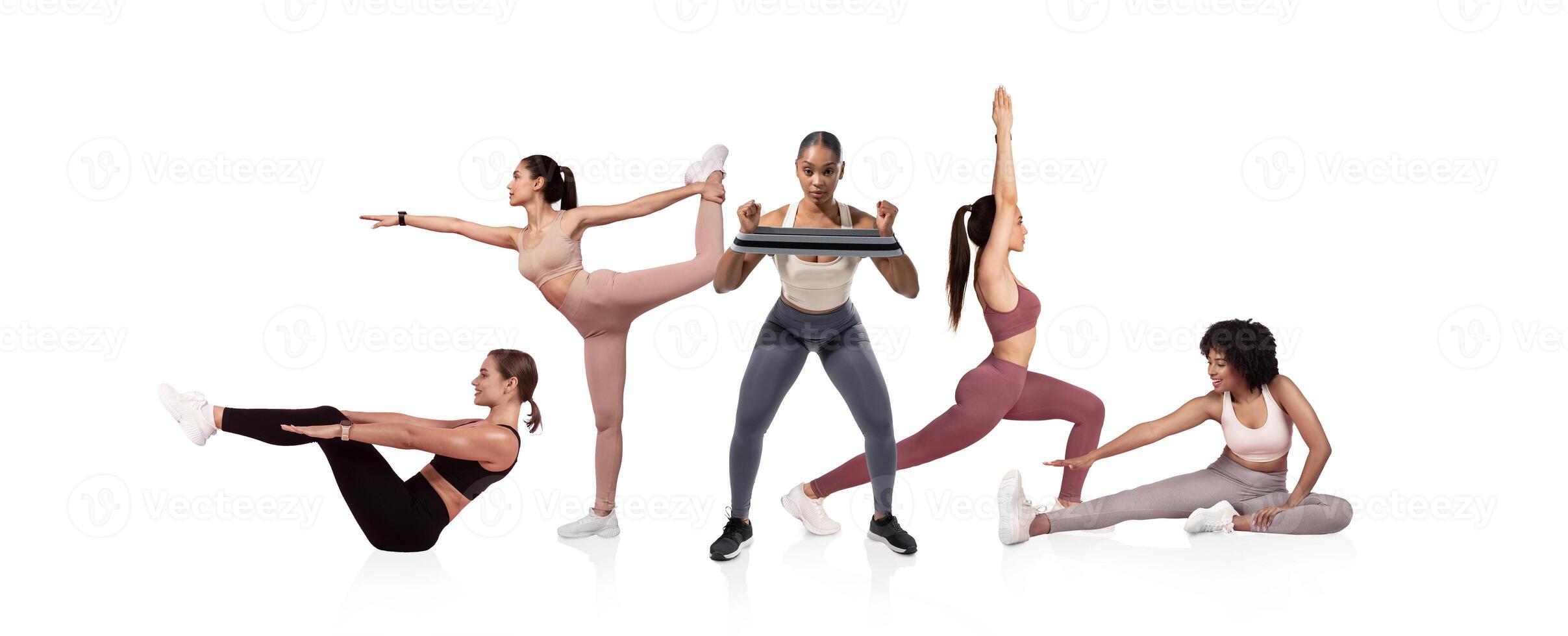 A group of five women participates in different workout routines, showcasing strength and flexibility in a bright and minimalistic indoor space. photo