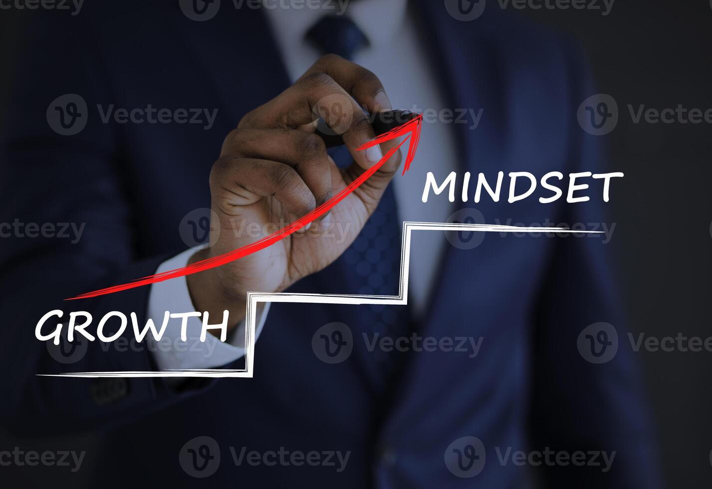 Personal Growth Concept. Unrecognizable Businessman Drawing Arrow Up From Word Growth To Mindset Over Black Background. Collage, Cropped photo