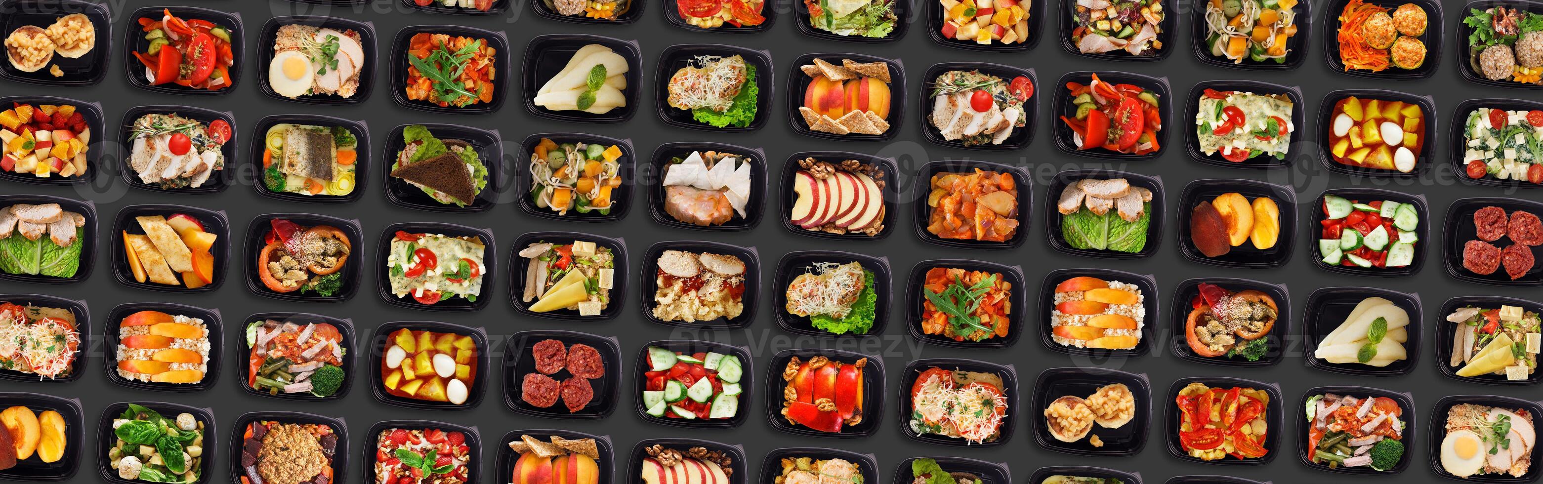 Creative Banner For Food Delivery With Multiple Lunch Boxes With Tasty Healthy Meals, Lots Of Plastic Containers With Delicious Eats Flat Lay Over Black Background, Collage, Panorama, Top View photo