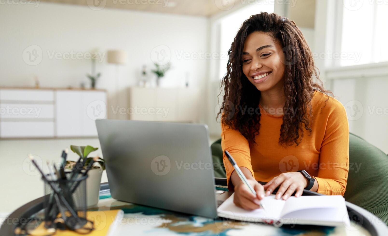 Smiling young African American woman sitting at desk working on laptop taking notes in notebook, happy millennial female studying online, watching webinar using computer and writing check list photo