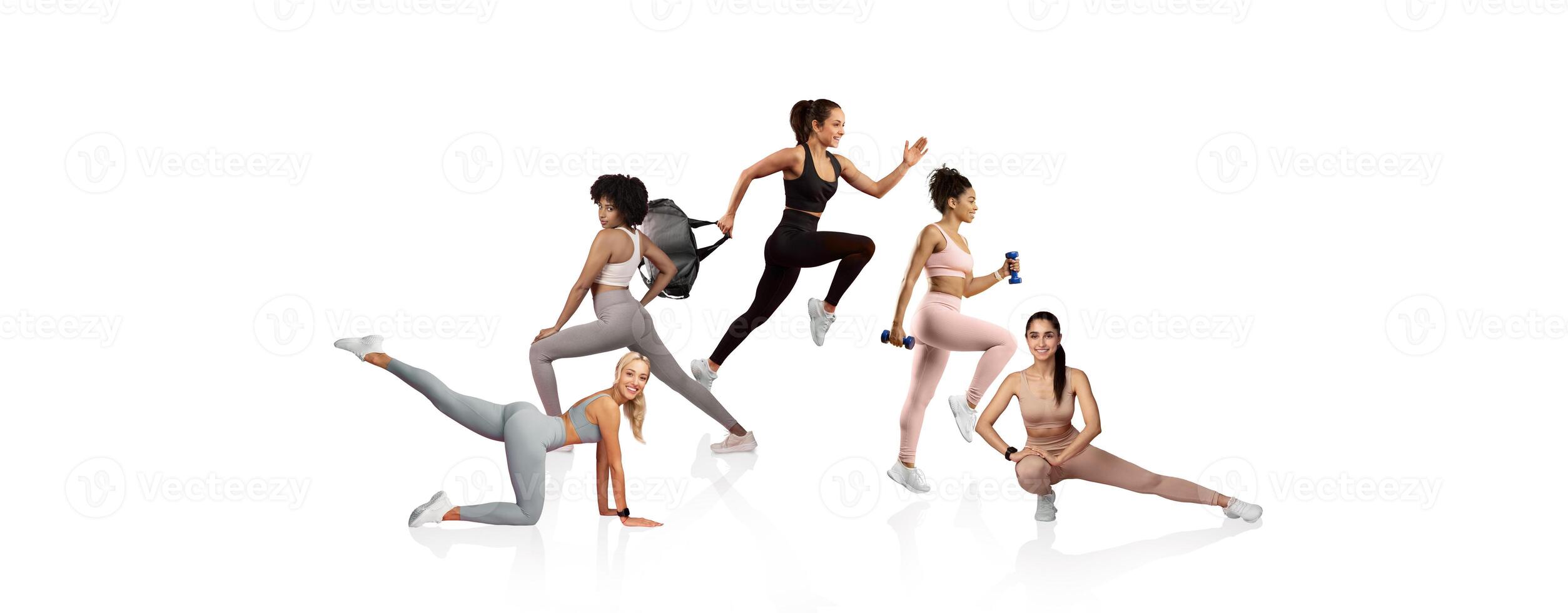 Five women demonstrate dynamic fitness poses on a plain background. Each individual showcases various athletic outfits while expressing movement and vitality. photo