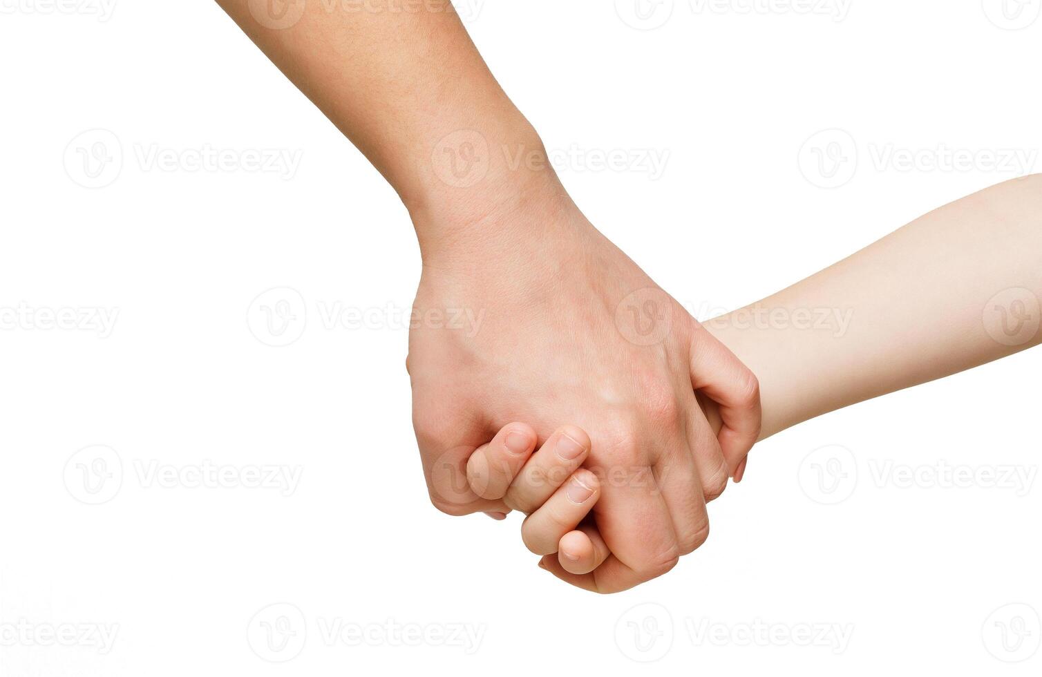 Mother holding hand of her child, isolated on white background. Love, family, togetherness concept photo
