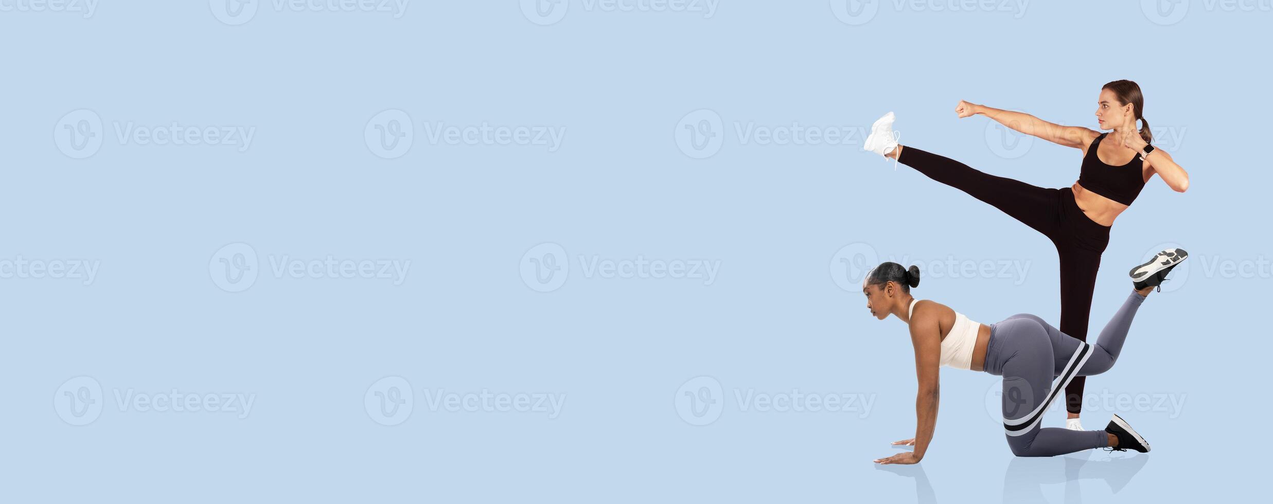 Two individuals engage in an energetic fitness session, showcasing a blend of strength and flexibility in varied exercise positions within a bright indoor setting. photo