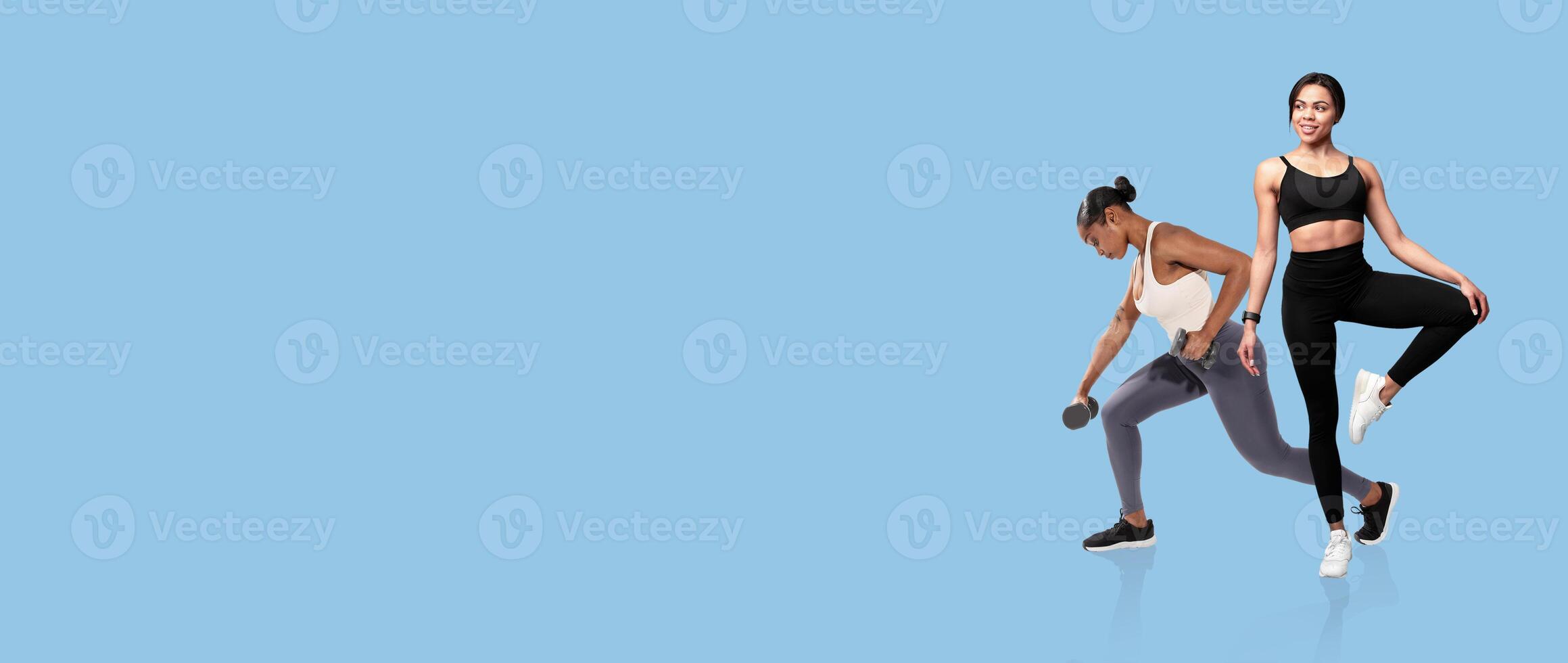 Two women perform different workout activities, highlighting strength training and fitness routines. One woman lifts a dumbbell while the other balances on one leg, showcasing determination. photo