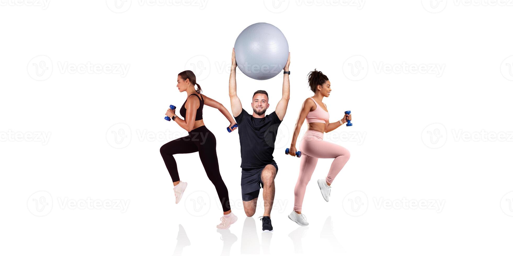 Three individuals participate in an energetic workout session, using dumbbells and a stability ball. They appear focused and determined, showcasing different exercises in a bright, studio environment. photo