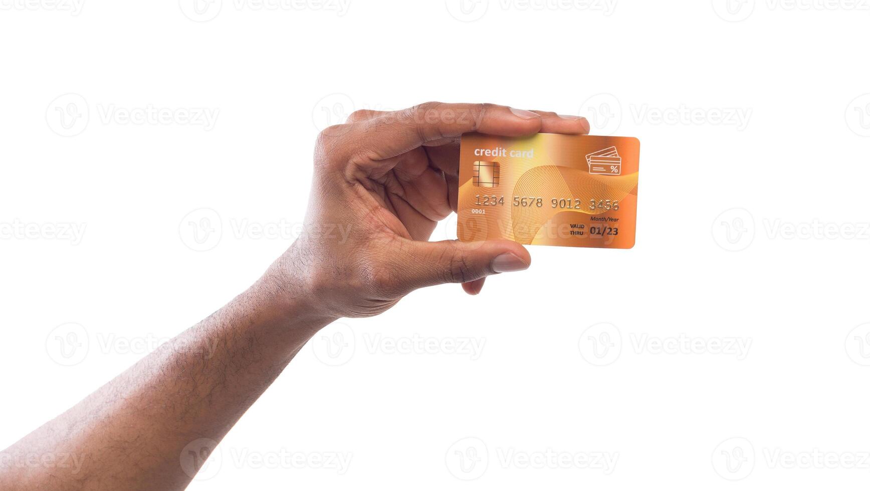 Banking services. Black male hand holding plastic credit card on white isolated studio background, copy space, cutout photo