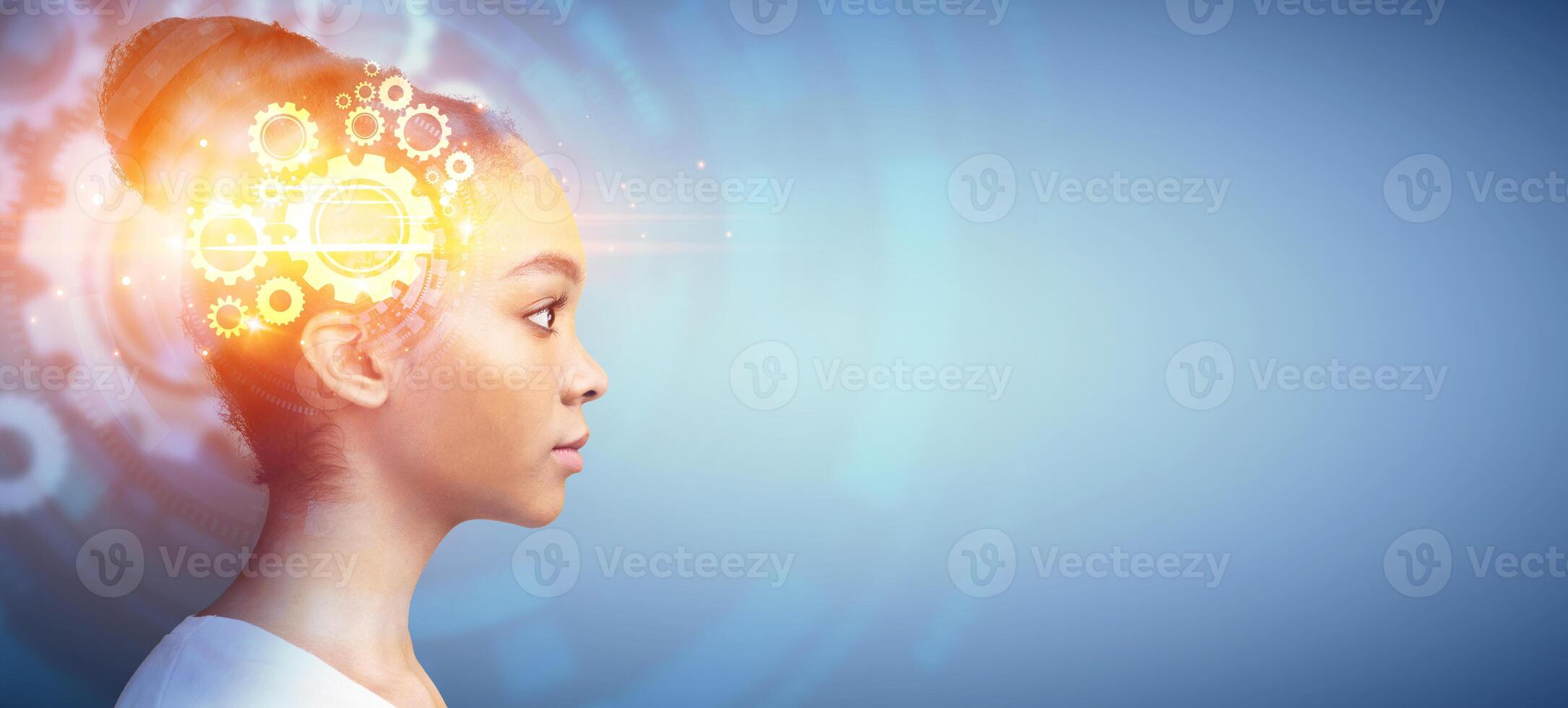 Side view of African American woman with shiny wheels inside her head representing thought process, space for text. Intelligence and smart ideas, creativity and innovations concept photo