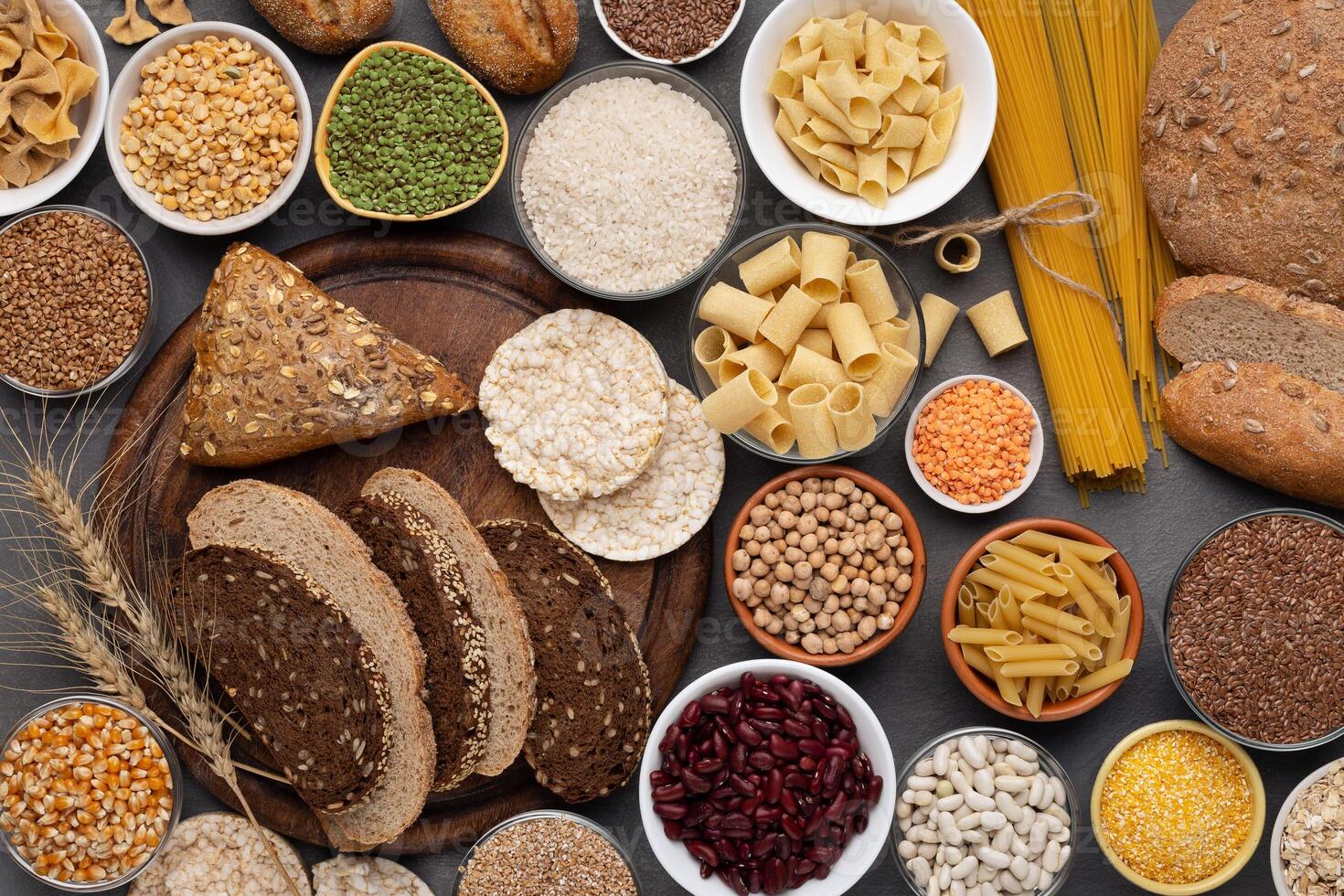 Healthy nutrition. Selection of gluten free products on wooden background photo