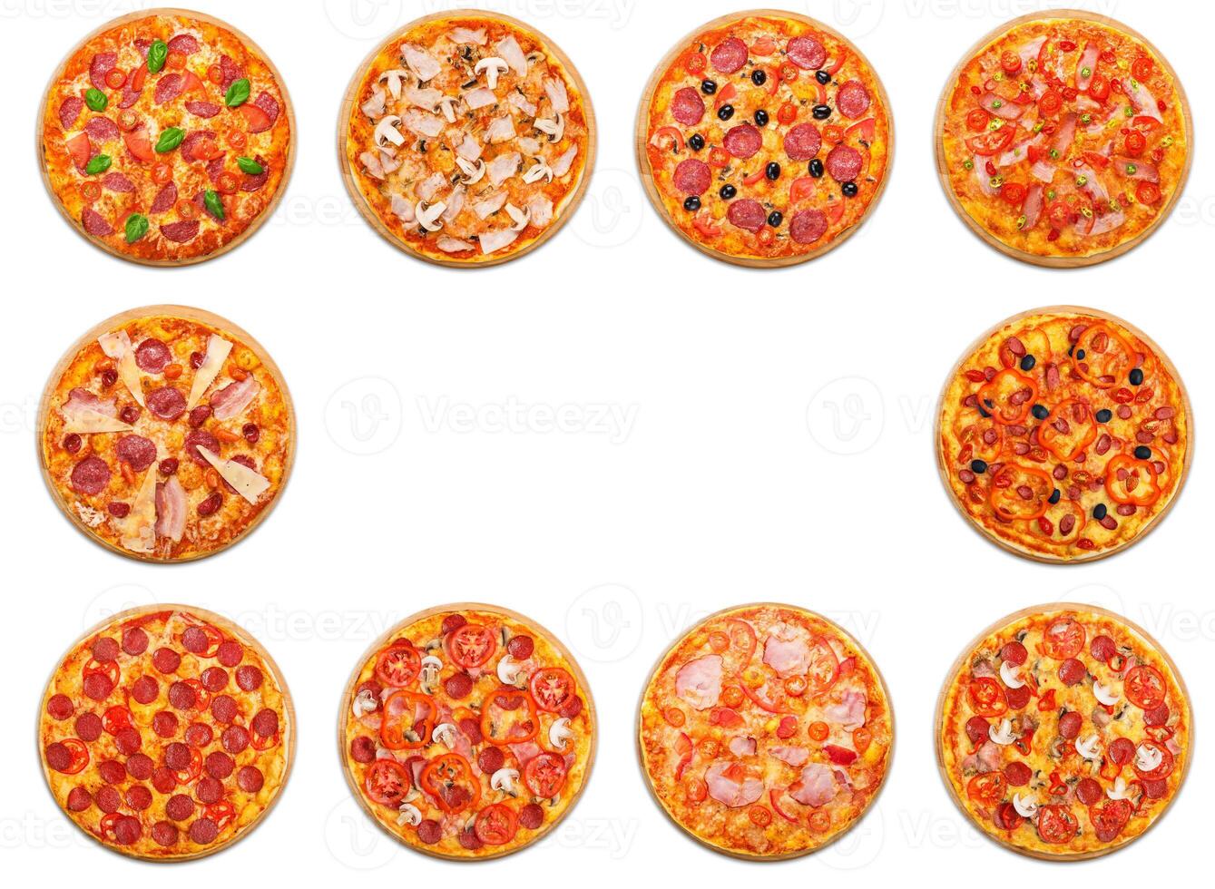 Ten different pizza set for menu. Italian food traditional cuisine. Meat pizzas with mozarella, salami, sausages, pepperoni and ham. Collage of pizzas with empty space, copyspace in the middle. photo