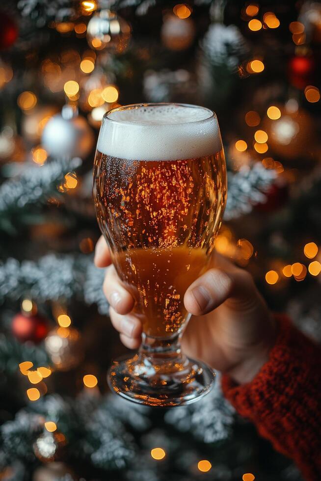 Festive gathering captures a hand holding a cold beer with sparkling decorations in the background photo