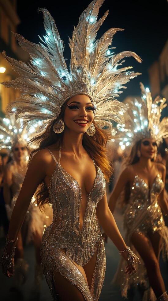 Women in elaborate costumes parade through a festive street at night during a vibrant celebration photo