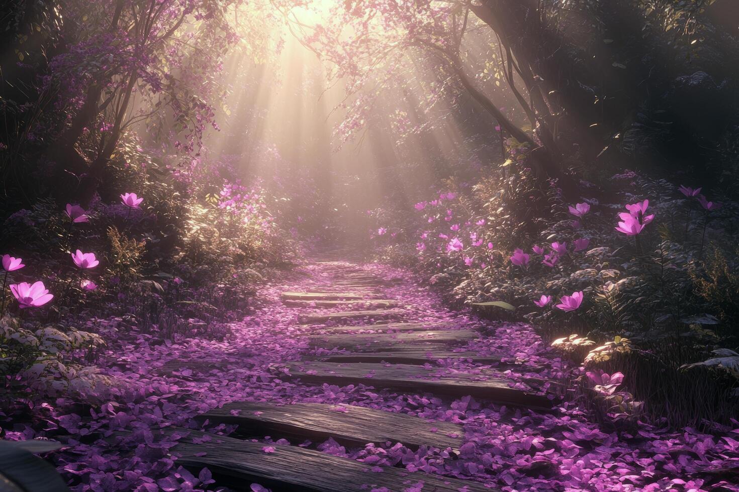A serene pathway through a vibrant flower filled forest during the soft glow of morning light photo