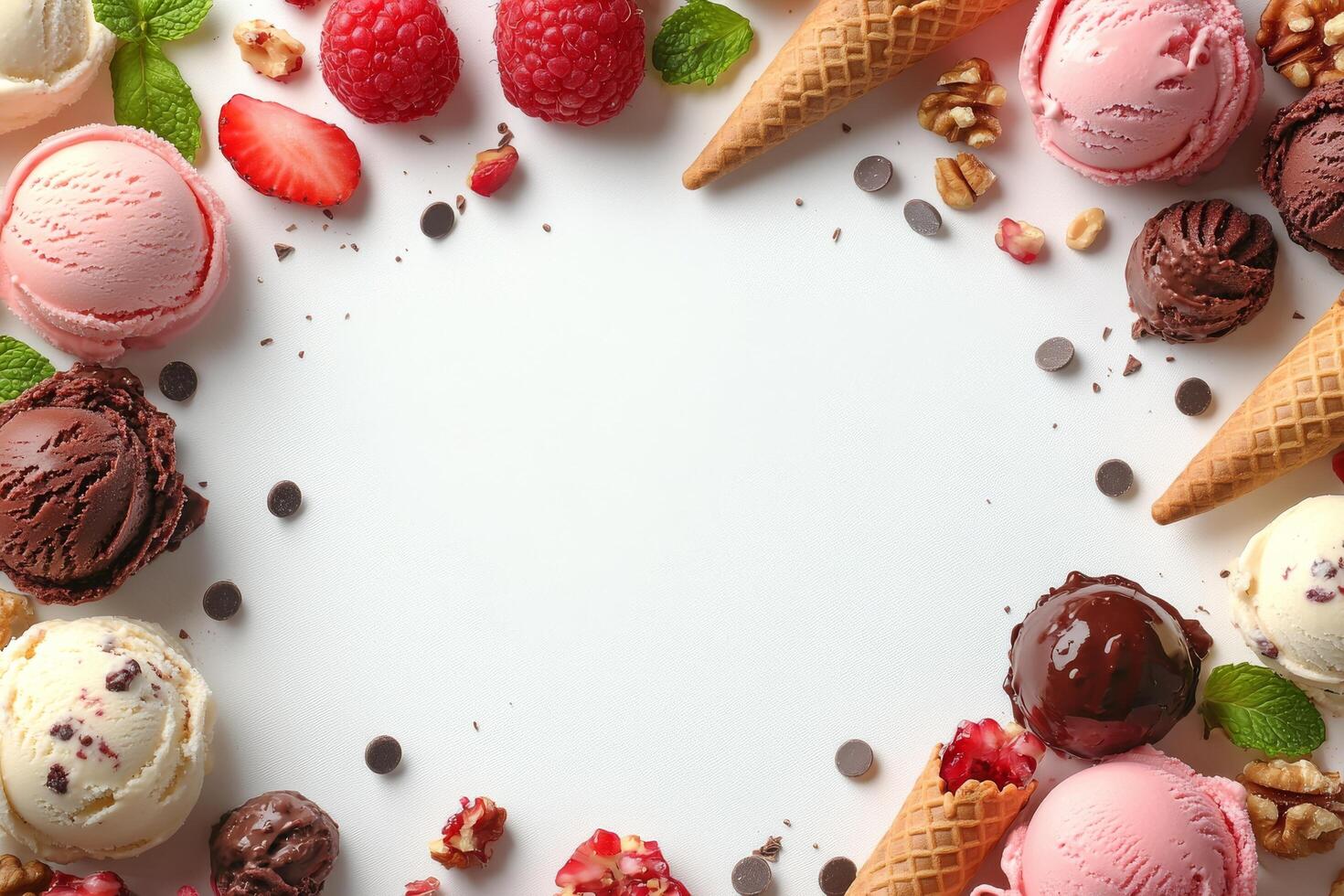 Assorted ice cream scoops and toppings arranged creatively on a white surface photo