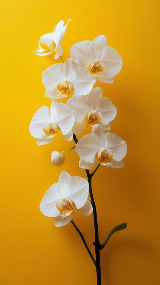 Elegant white orchids blooming against a vibrant yellow background in a simple arrangement photo