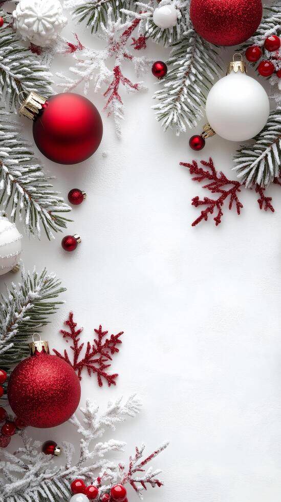 Holiday ornaments and snowflakes on a textured white background in festive colors photo