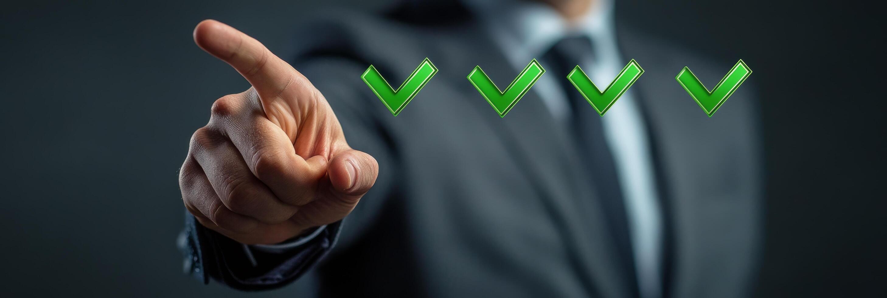 A business professional points at three check marks symbolizing success during a corporate meeting photo
