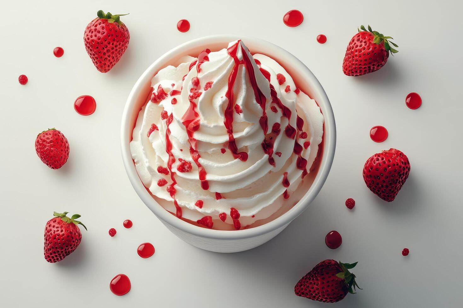 Creamy swirl of soft serve ice cream topped with fresh strawberries and strawberry sauce photo