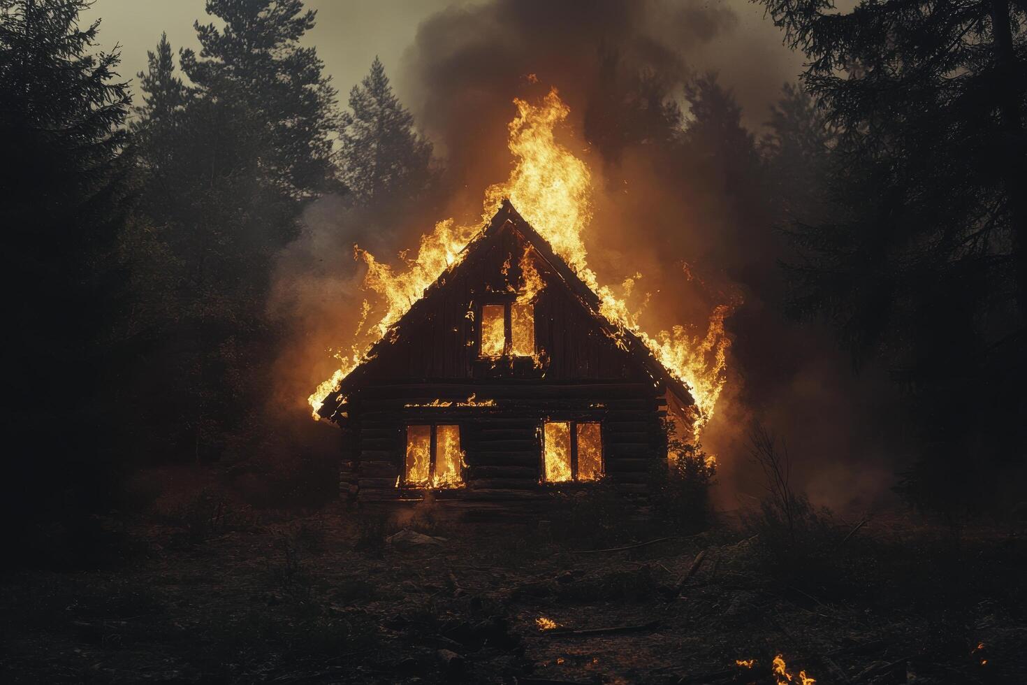 A wooden house engulfed in flames during a wildfire at night in a wooded area photo