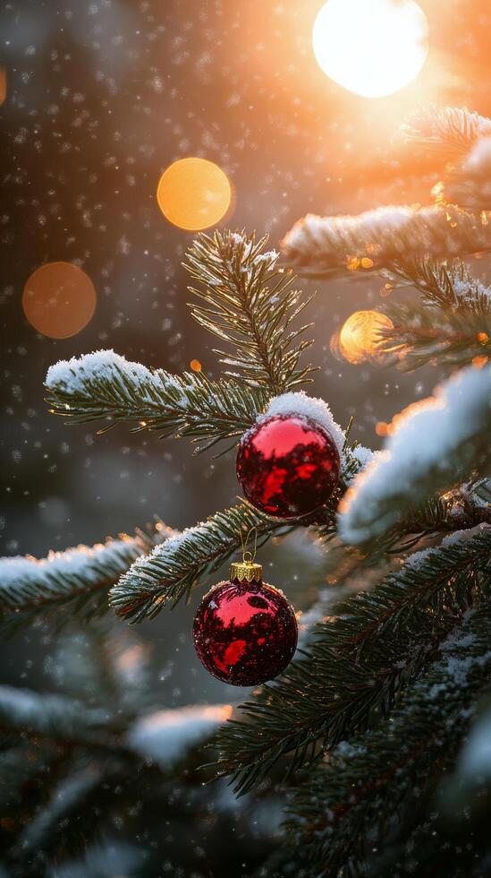 A close up of a red ornament hanging from a snow covered Christmas tree branch in winter photo