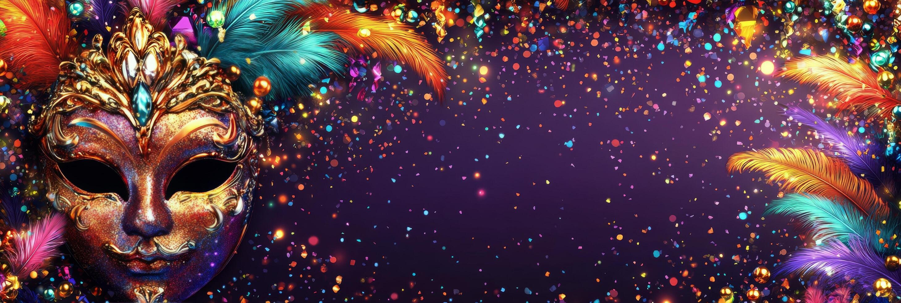 Colorful carnival mask with vibrant feathers and sparkling confetti on purple background photo