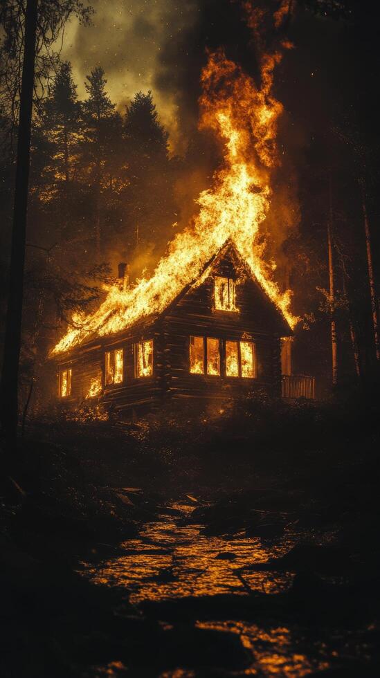 House engulfed in flames near water at night during a forest fire in a residential area photo