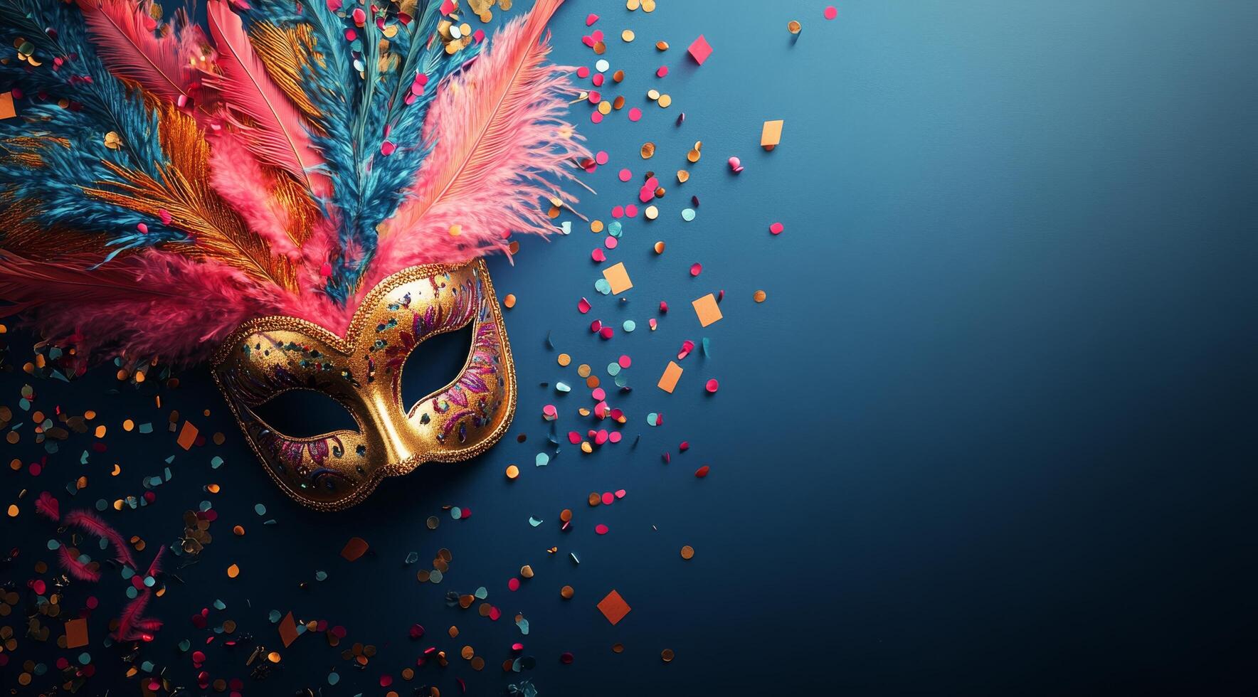 Colorful masquerade mask with feathers and confetti on vibrant blue background photo