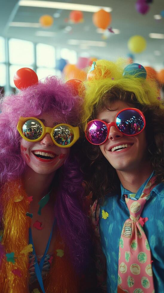 Colorful partygoers smiling at a festive event with bright decorations and balloons during the day photo
