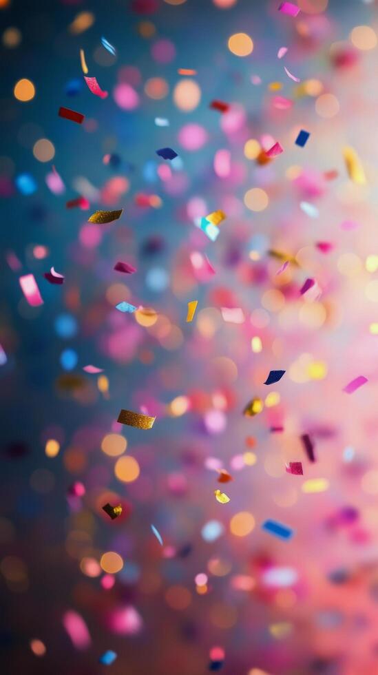 Colorful confetti falling against a blurred background during a festive celebration atmosphere photo