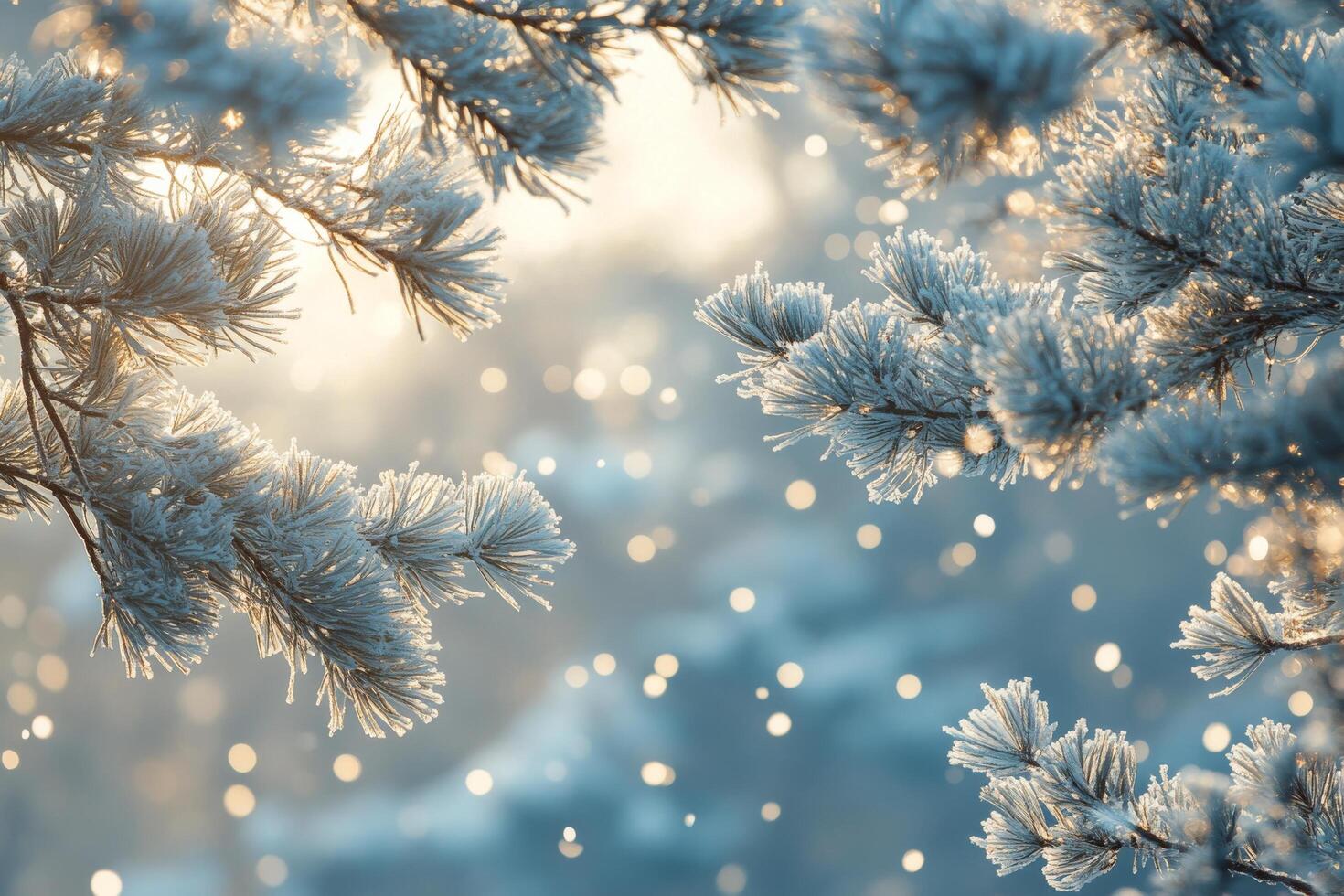 Frost covered pine branches glistening in sunlight during a winter morning photo