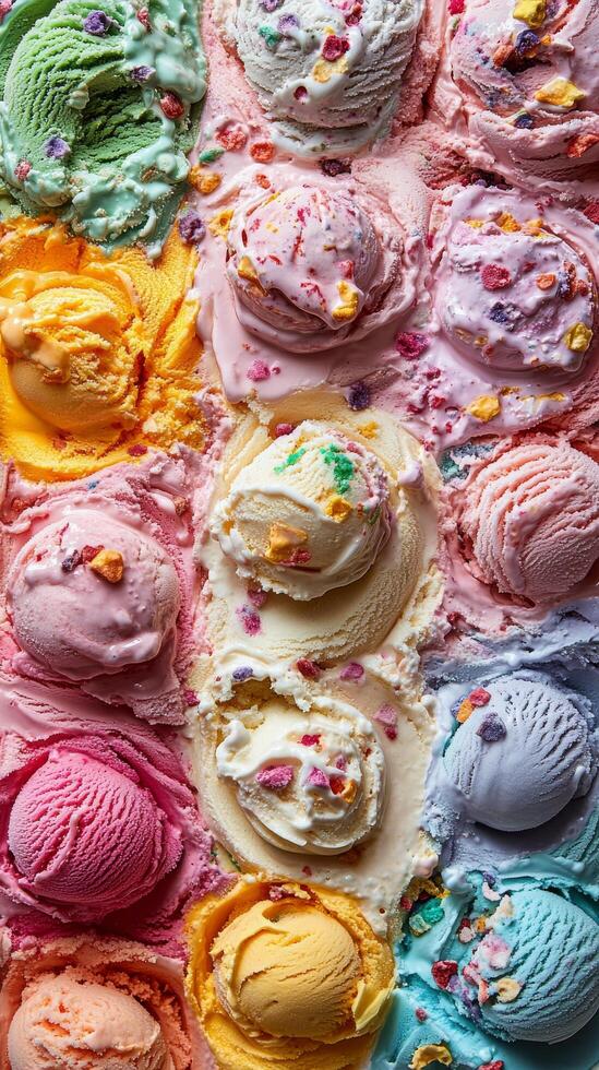 Colorful display of assorted ice cream flavors arranged in rows on a blue background photo