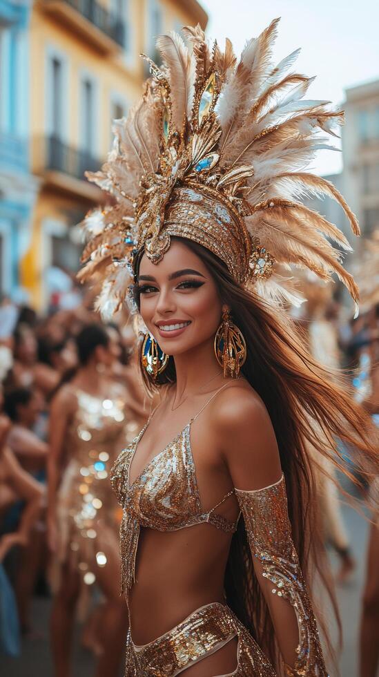 Women in elaborate costumes parade through a festive street at night during a vibrant celebration photo