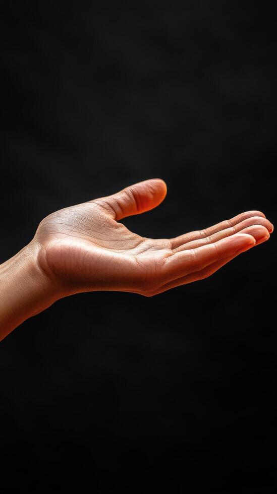 An open hand reaching out against a dark background in soft light during a serene moment photo