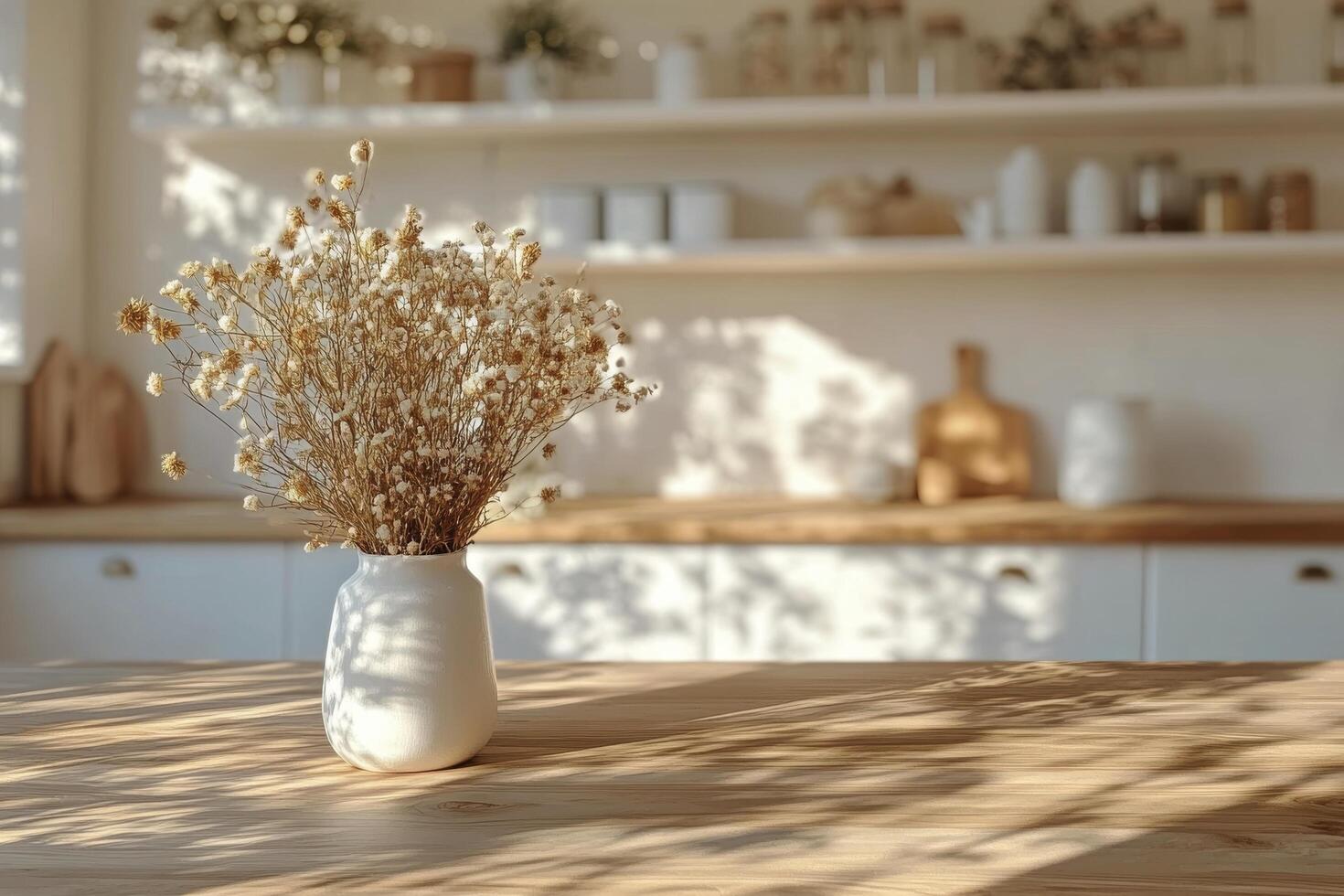 A serene kitchen setting featuring a vase of dried flowers on a wooden table during daylight photo