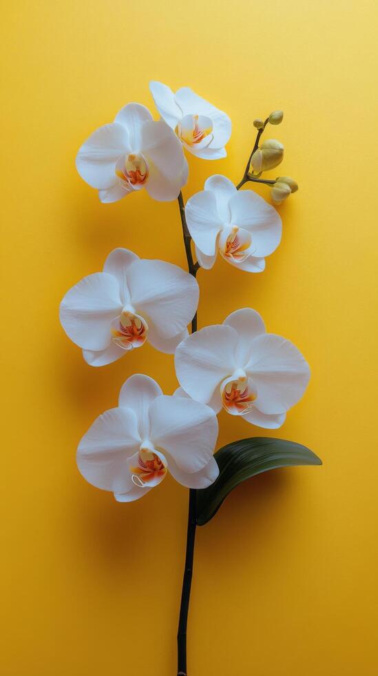 Elegant white orchids blooming against a vibrant yellow background in a simple arrangement photo